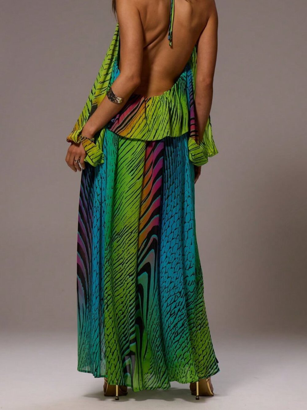 Yellow Boho Women's Chiffon Maxi Dress with Open Back Split Sleeves Halter Neck - Picture 4 of 6